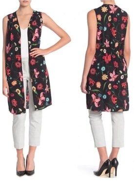 Pleione Black Floral Sleeveless Midi Duster sz LP